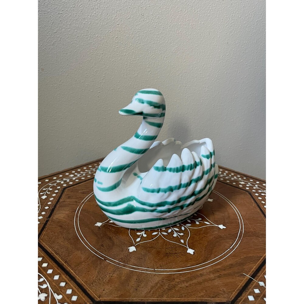 Vintage Gmundner Keramik Green Striped/Flamed Swan Planter Austria